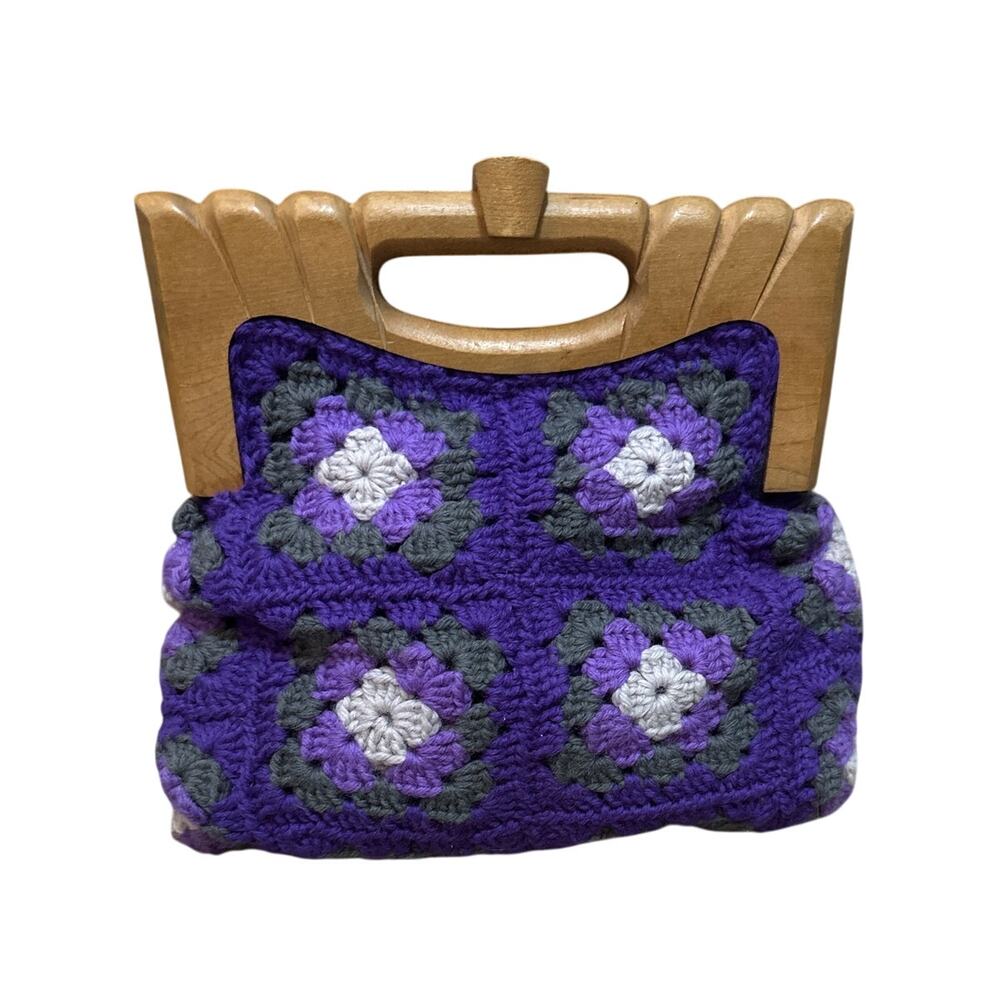 Cottage Core Purple Granny Square Crochet Wood Handle Handbag